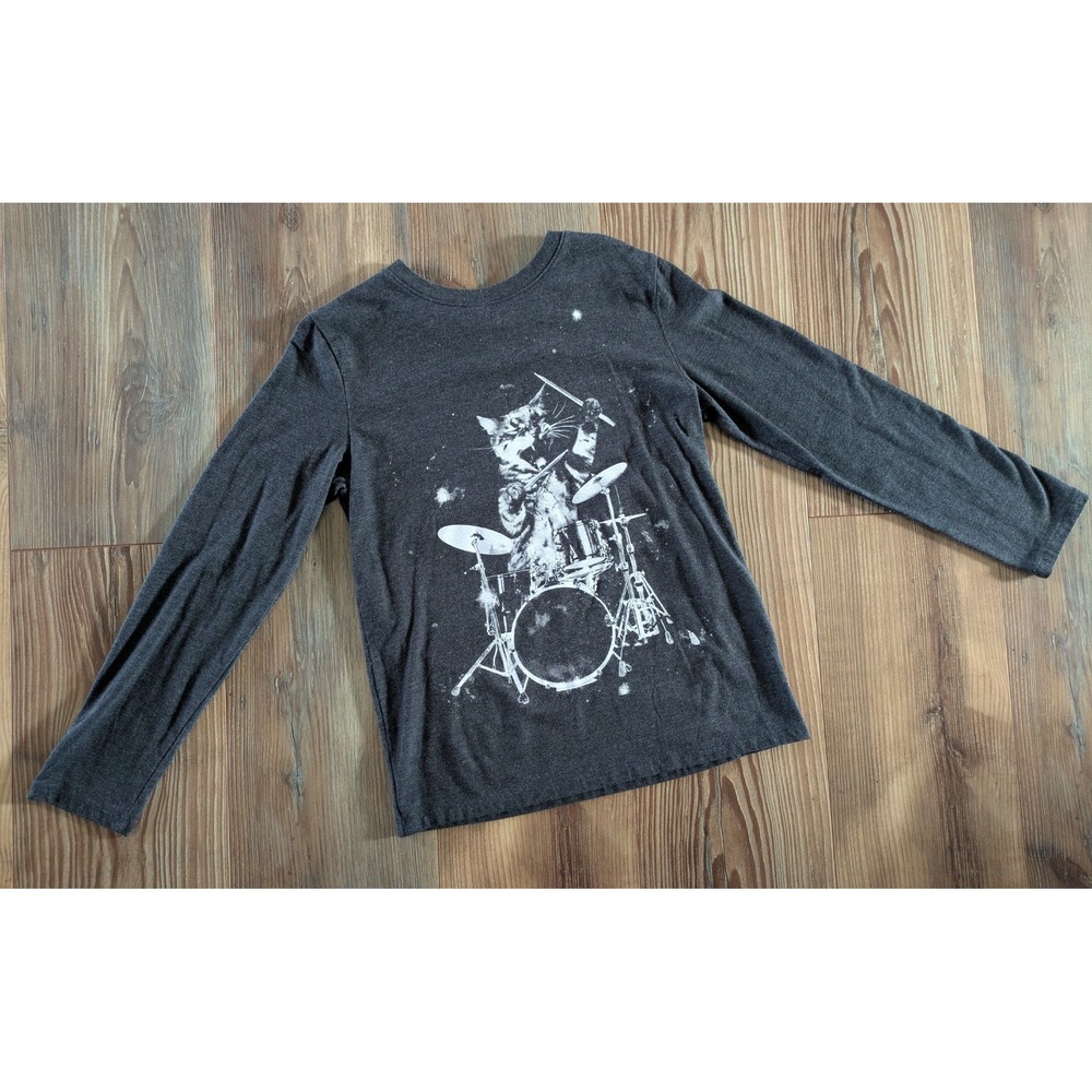 Cat & Jack Dark Gray Long Sleeve Cat Drummer Graphic Crewneck T-Shirt Kids M
